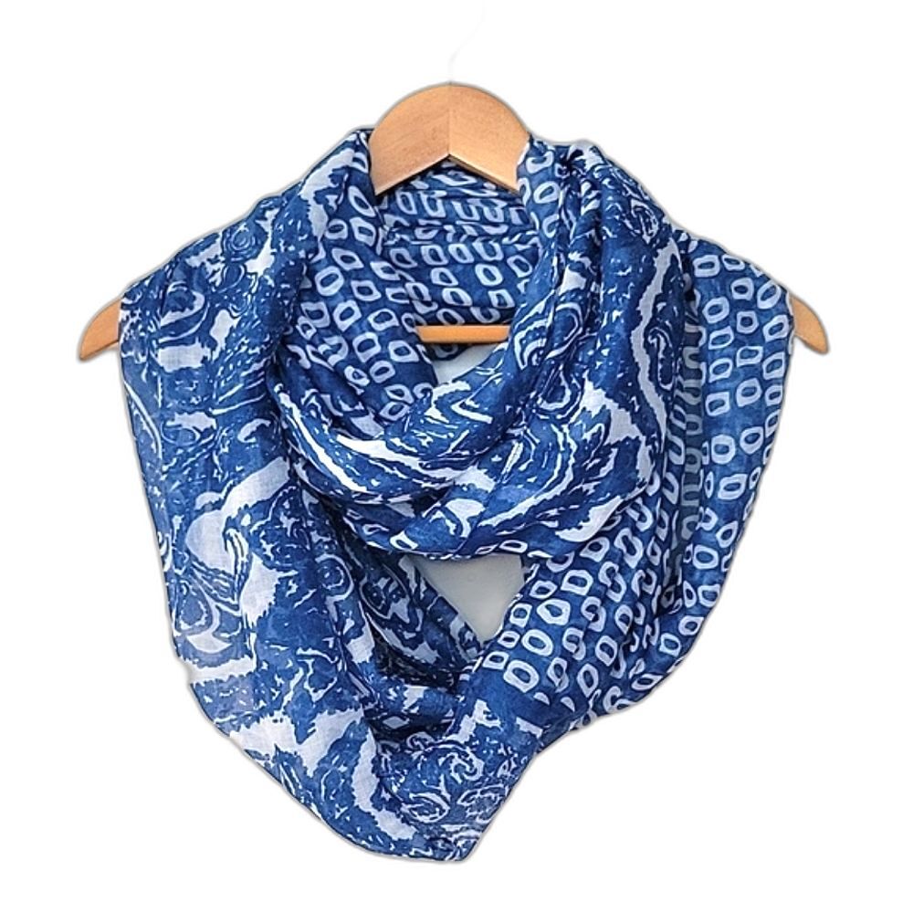 Blue White Mixed Print Infinity Scarf OS Casual Patterned Boho Chic